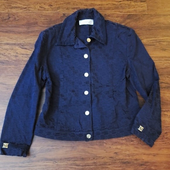 Vintage St John Iconic Blue Gold Black Button Preppy Chic Quiet Lux Size Medium - Picture 1 of 6